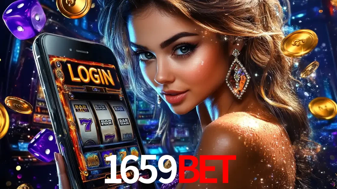 Mulher glamorosa segurando um smartphone com a tela de login para os jogos de caça-níqueis do cassino online 1659bet, com moedas de ouro e dados ao redor.