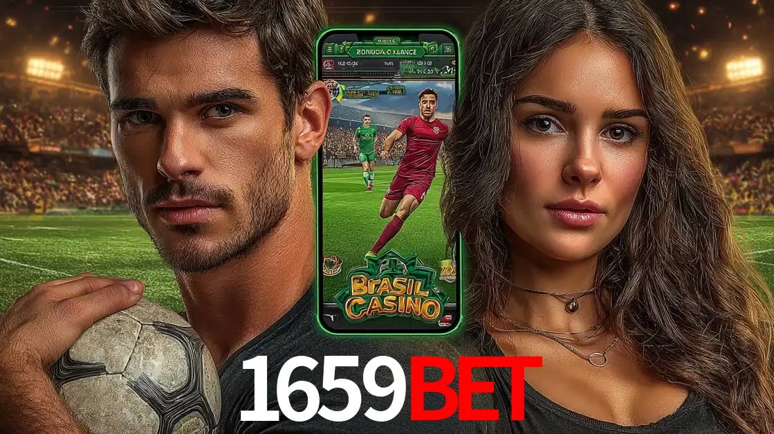 Homem segurando uma bola de futebol e uma mulher ao lado de um smartphone exibindo o jogo de apostas esportivas da 1659bet. Faça seu palpite no cassino online.